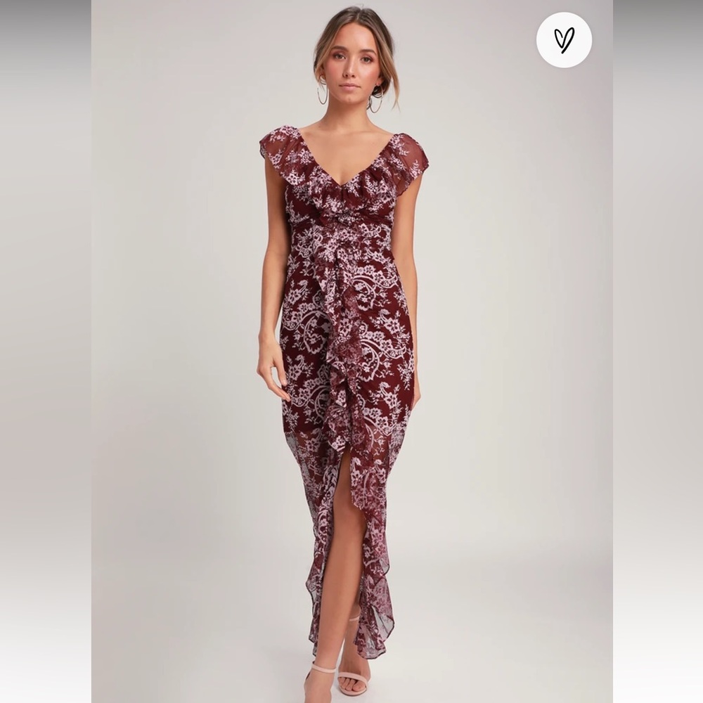 Wayf Marie Burgundy Floral Print Ruched Lace Ruffled Maxi Dress Size XS